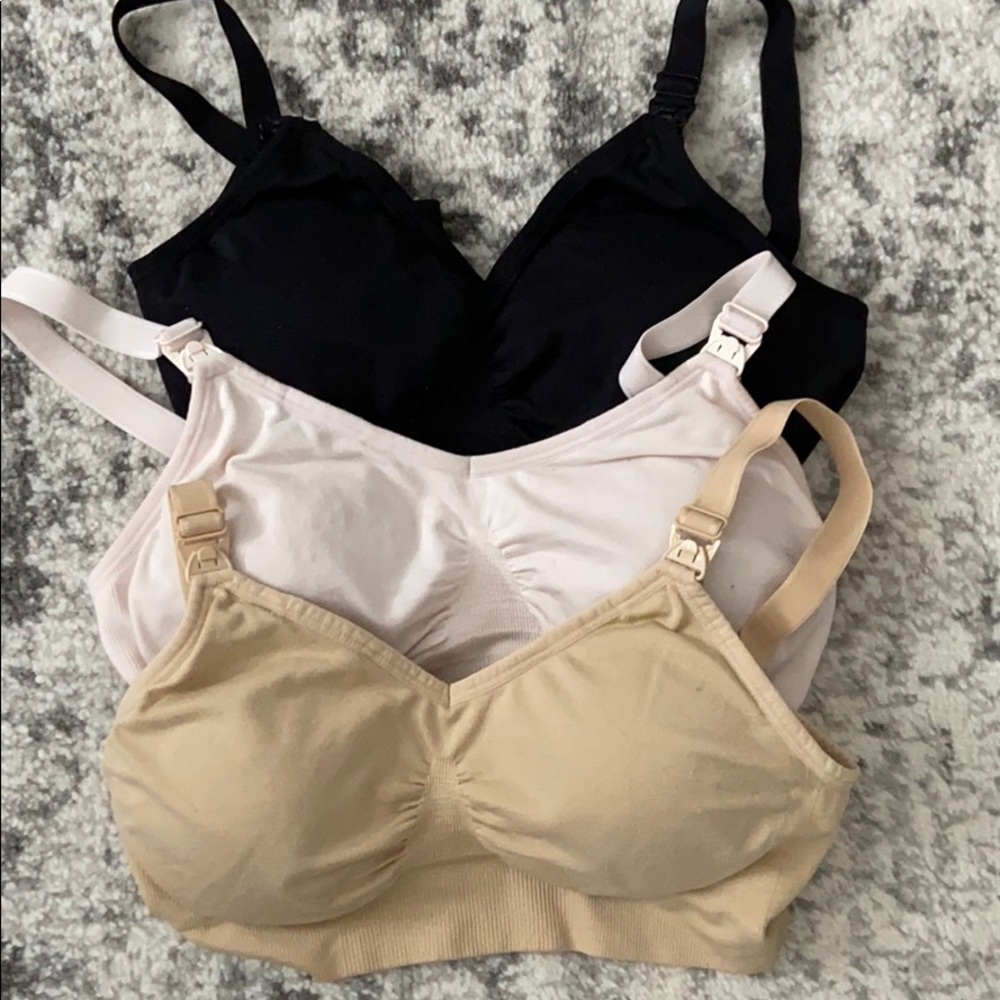 Hofish nursing bras in black, pale pink and beige